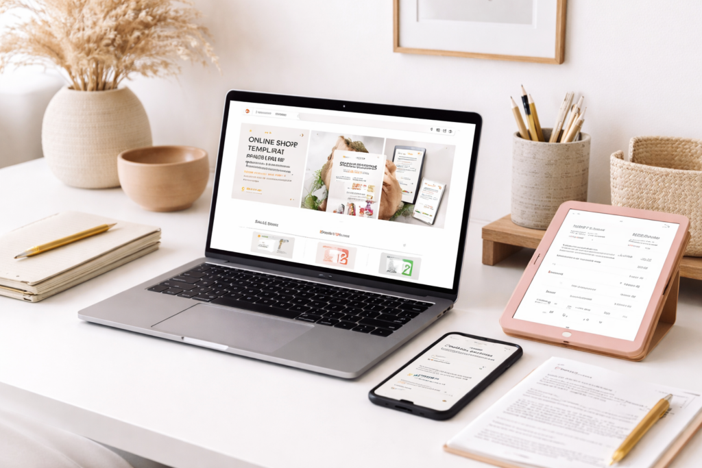Moderner Arbeitsplatz mit Laptop, Tablet und Smartphone zur Darstellung eines digitalen Produkts in einem Online-Shop