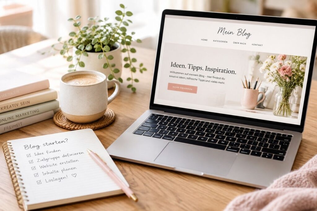 Was ist Bloggen – Laptop mit Blog, Notizbuch und Arbeitsplatz